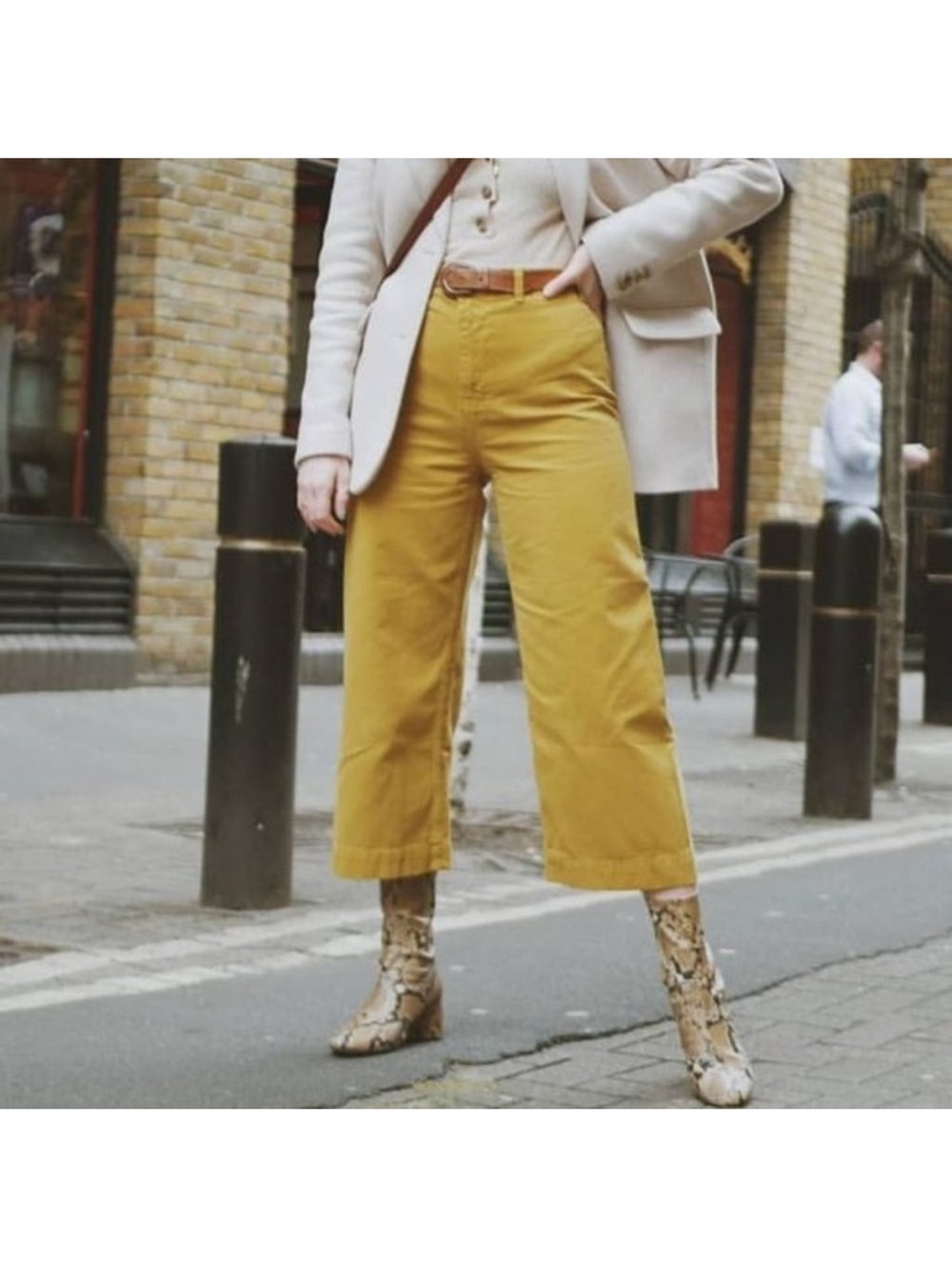 Free People Patti Mustard Yellow High Rise Wide Leg Cropped Pants 100% Cotton 27